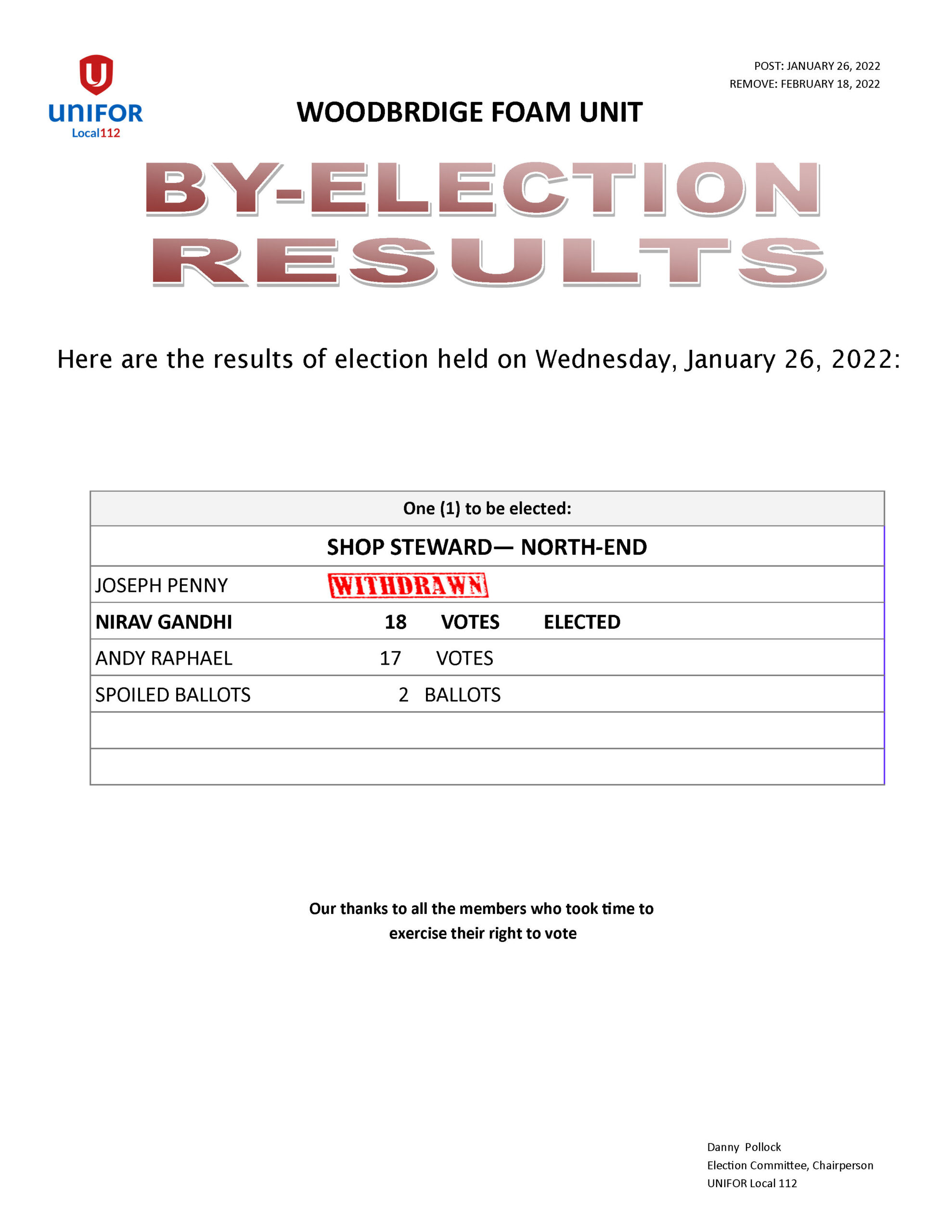 UNIFOR Local 112 Woodbridge Foam Unit UNIFOR Local 112