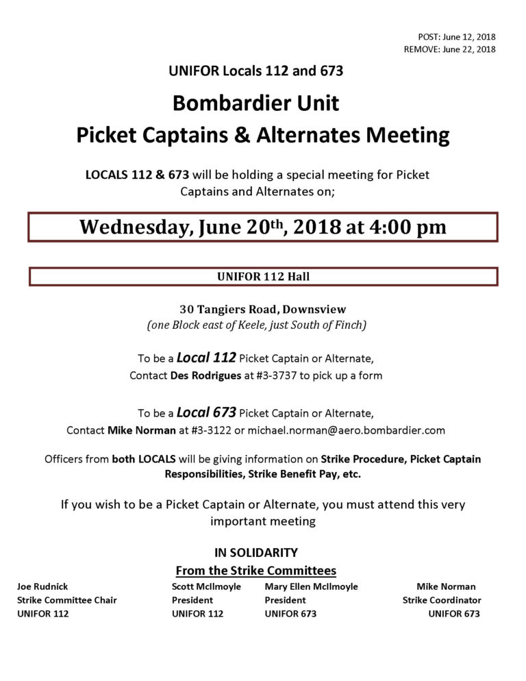 Picket Captains & Alternates Meeting UNIFOR Local 112