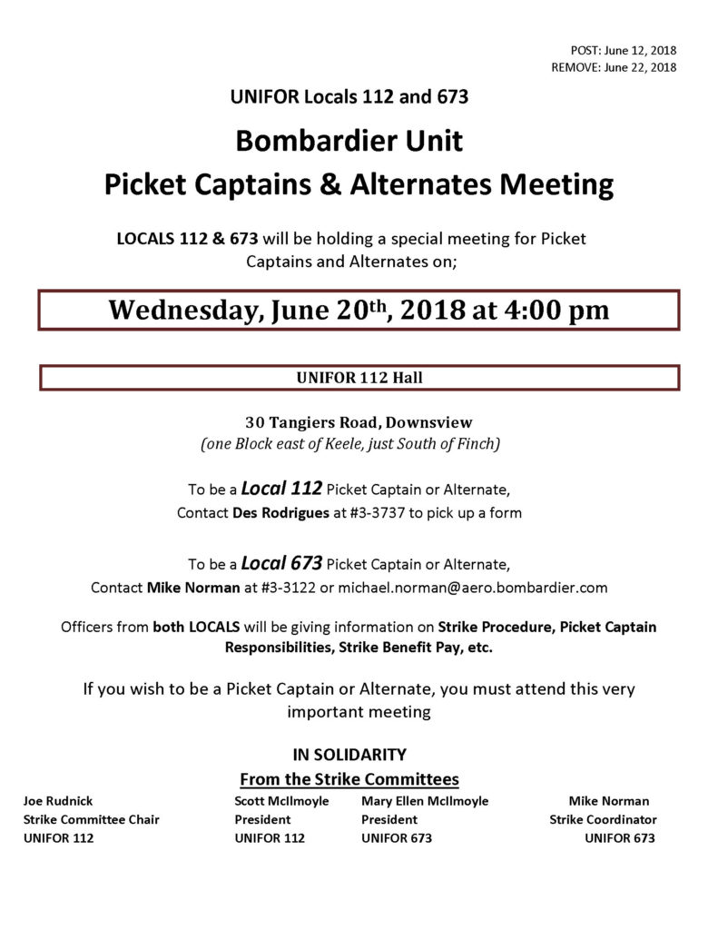 Picket Captains & Alternates Meeting UNIFOR Local 112