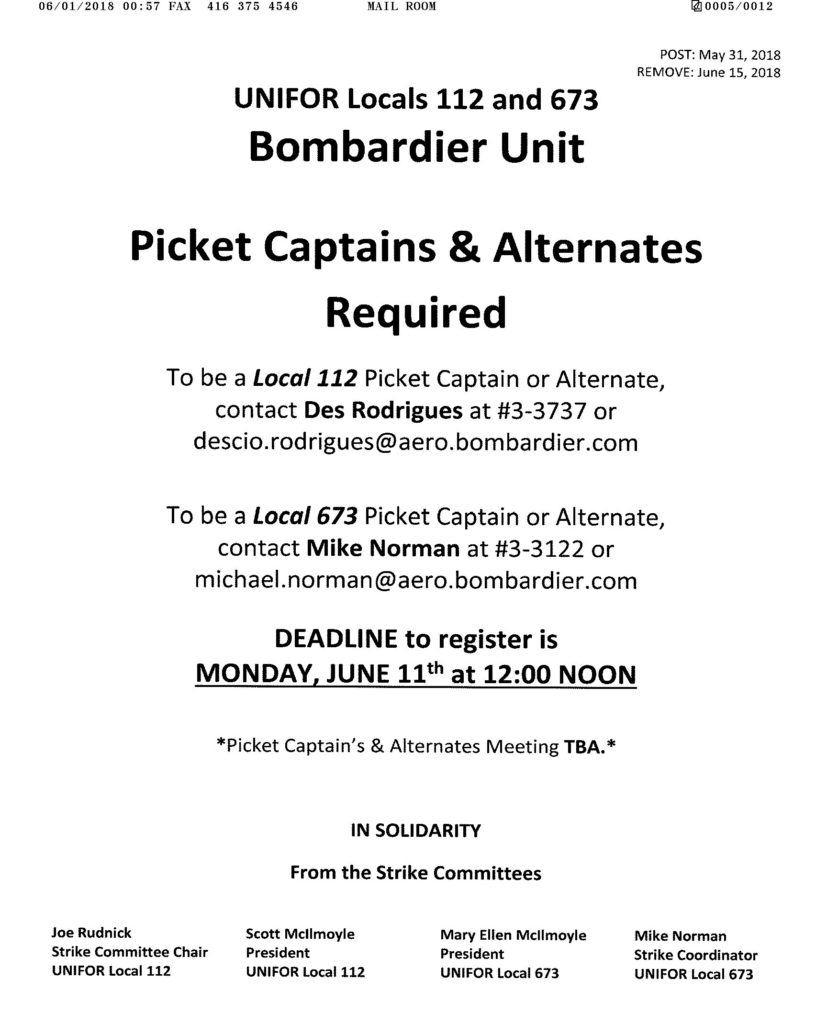 Picket Captains & Alternates Required UNIFOR Local 112