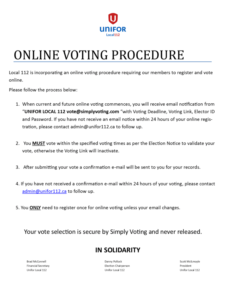 ONLINE VOTING PROCEDURE | UNIFOR Local 112