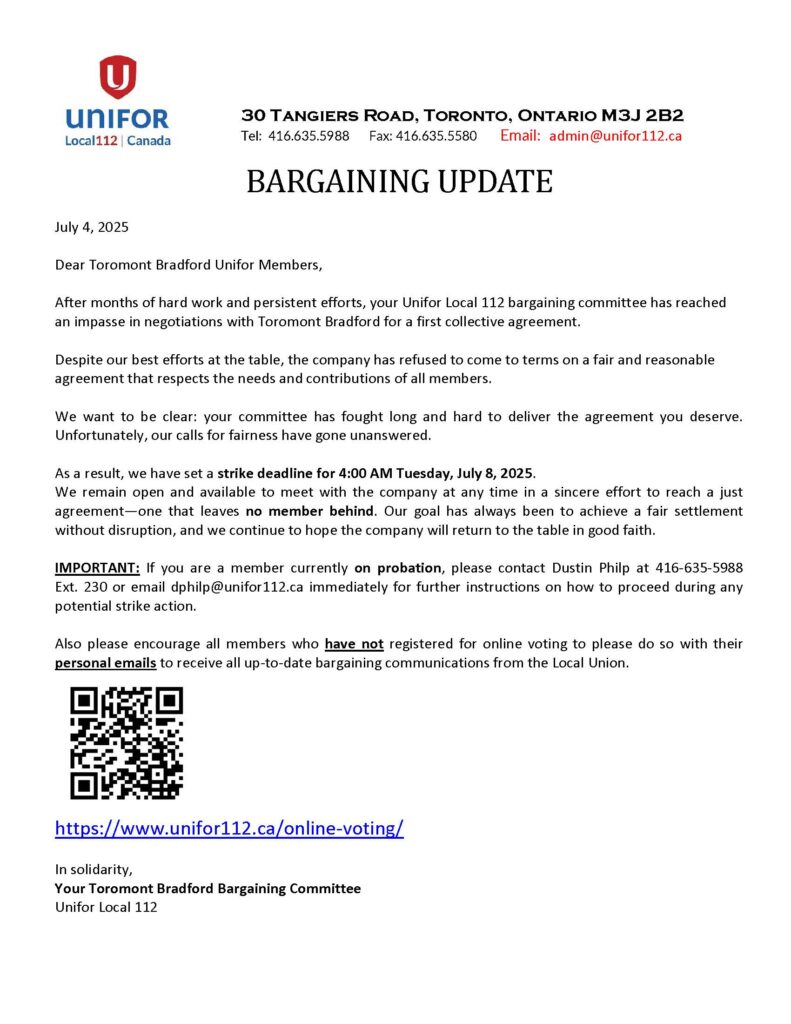 TOR B BARGAINING UPDATE JULY 4, 2025