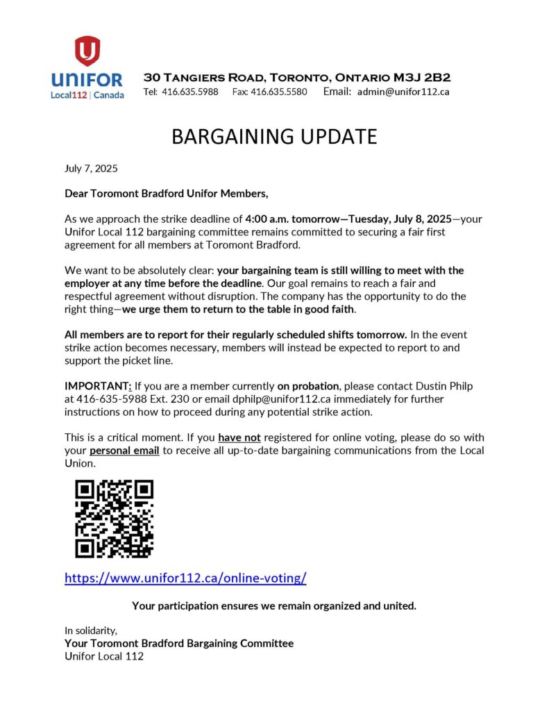 TOR B BARGAINING UPDATE JULY 7, 2025