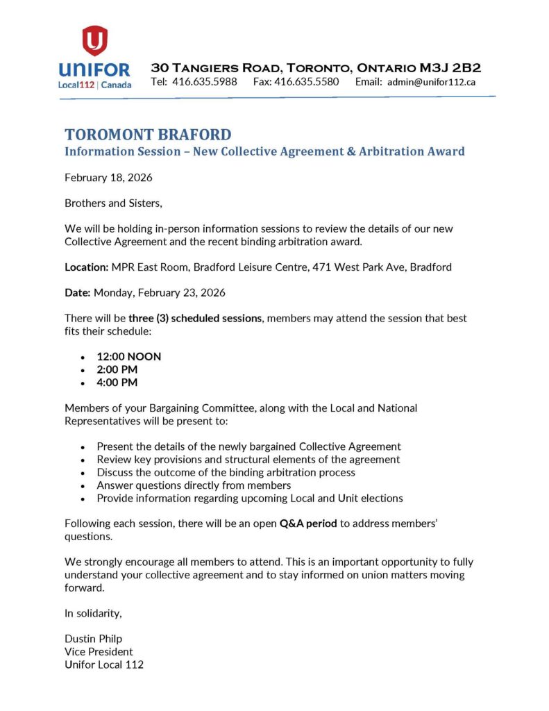 Information Session – New Collective Agreement & Arbitration Award